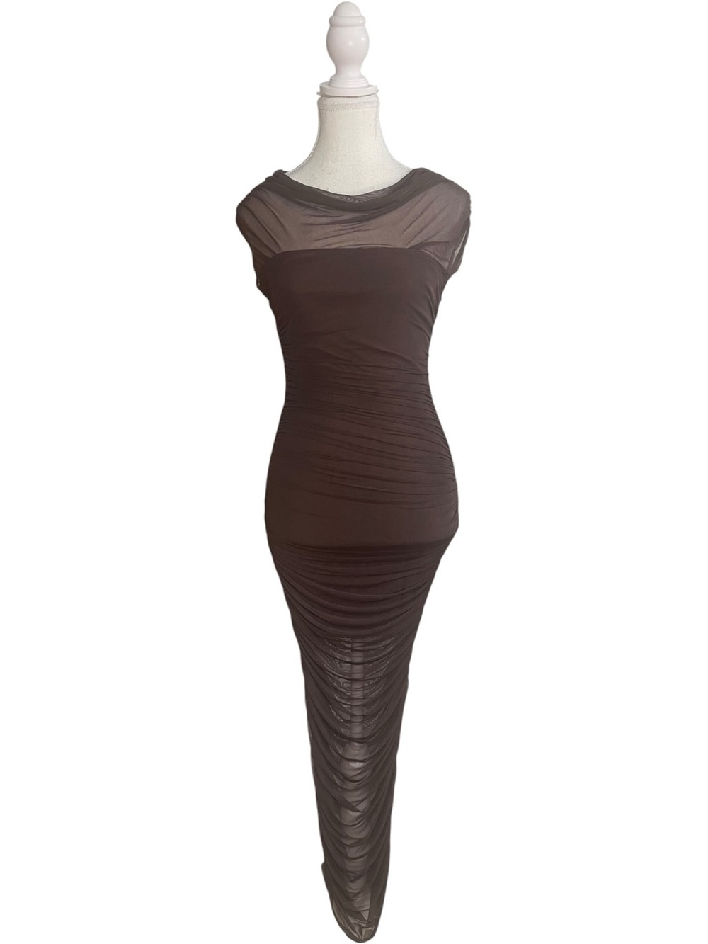 Lulus Sunama Mesh Overlay Ruched Bodycon Midi Dress Brown
